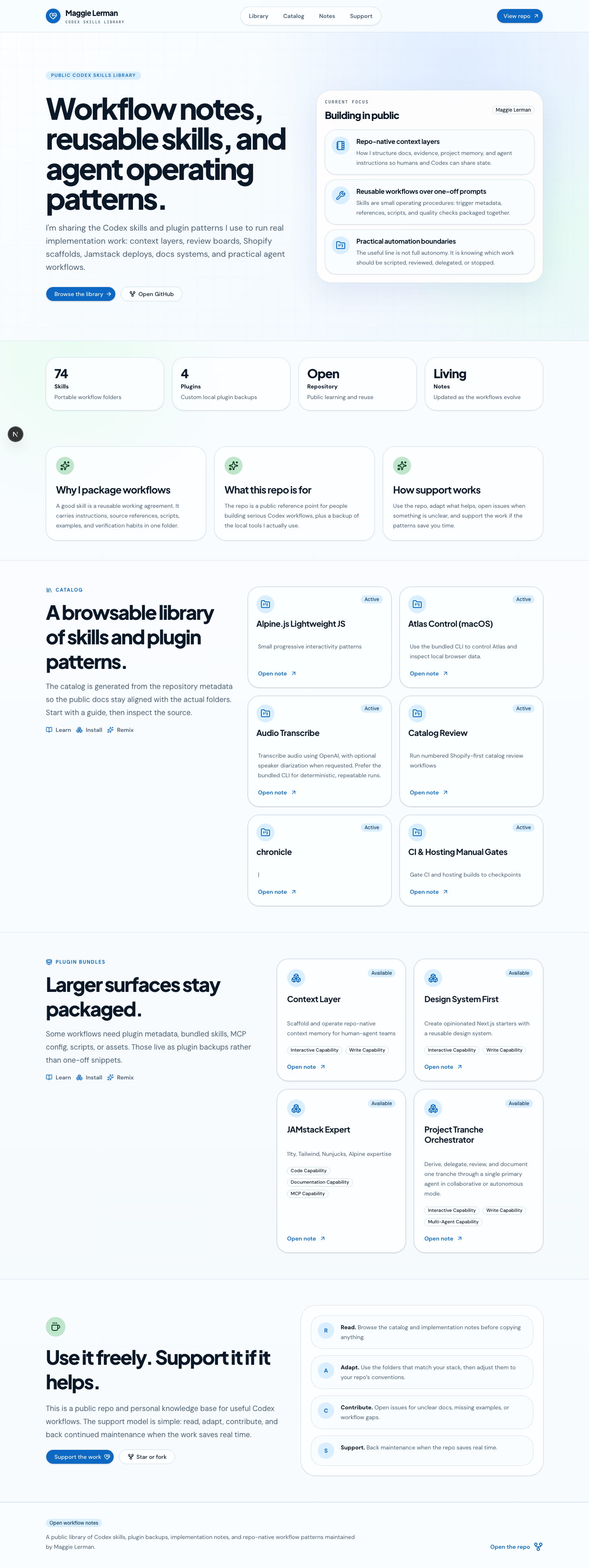 Public-facing home route for the Codex skills library and workflow notes.