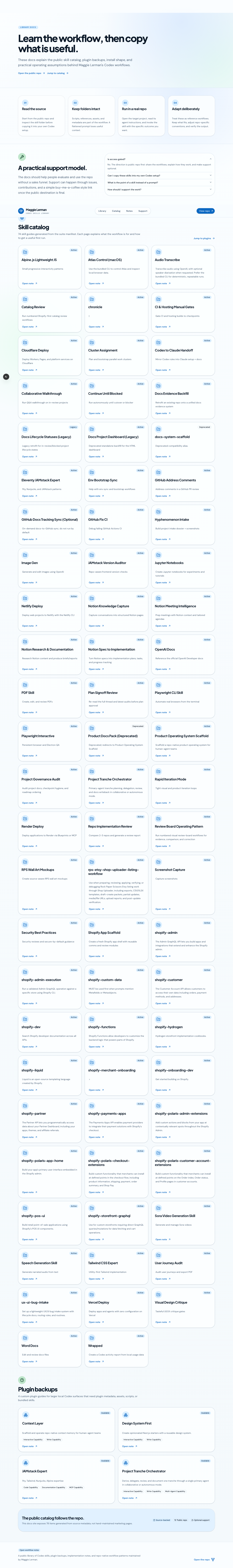 Library docs and generated skill catalog browsing flow.