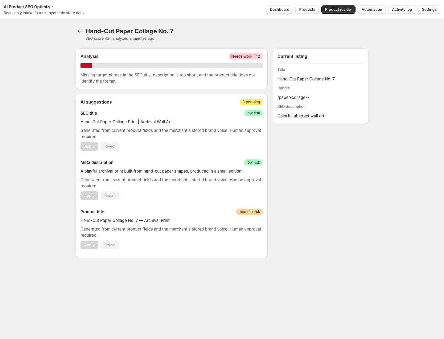 Current listing context beside low/medium-risk AI suggestions and disabled apply/reject controls.