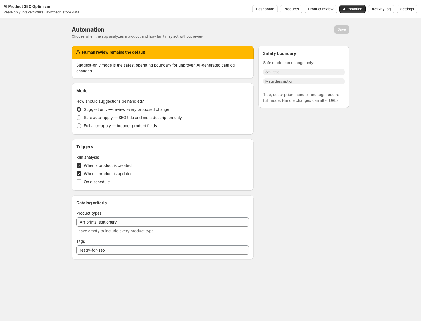 Suggest-only, safe-auto, and full-auto modes with trigger and catalog-filter controls; suggest-only is selected.