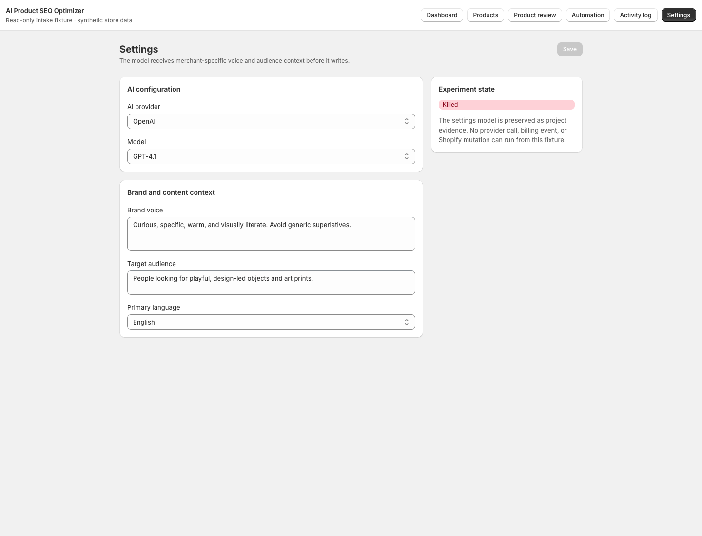 Provider/model selection plus merchant brand voice and target-audience context, with killed-state metadata visible.