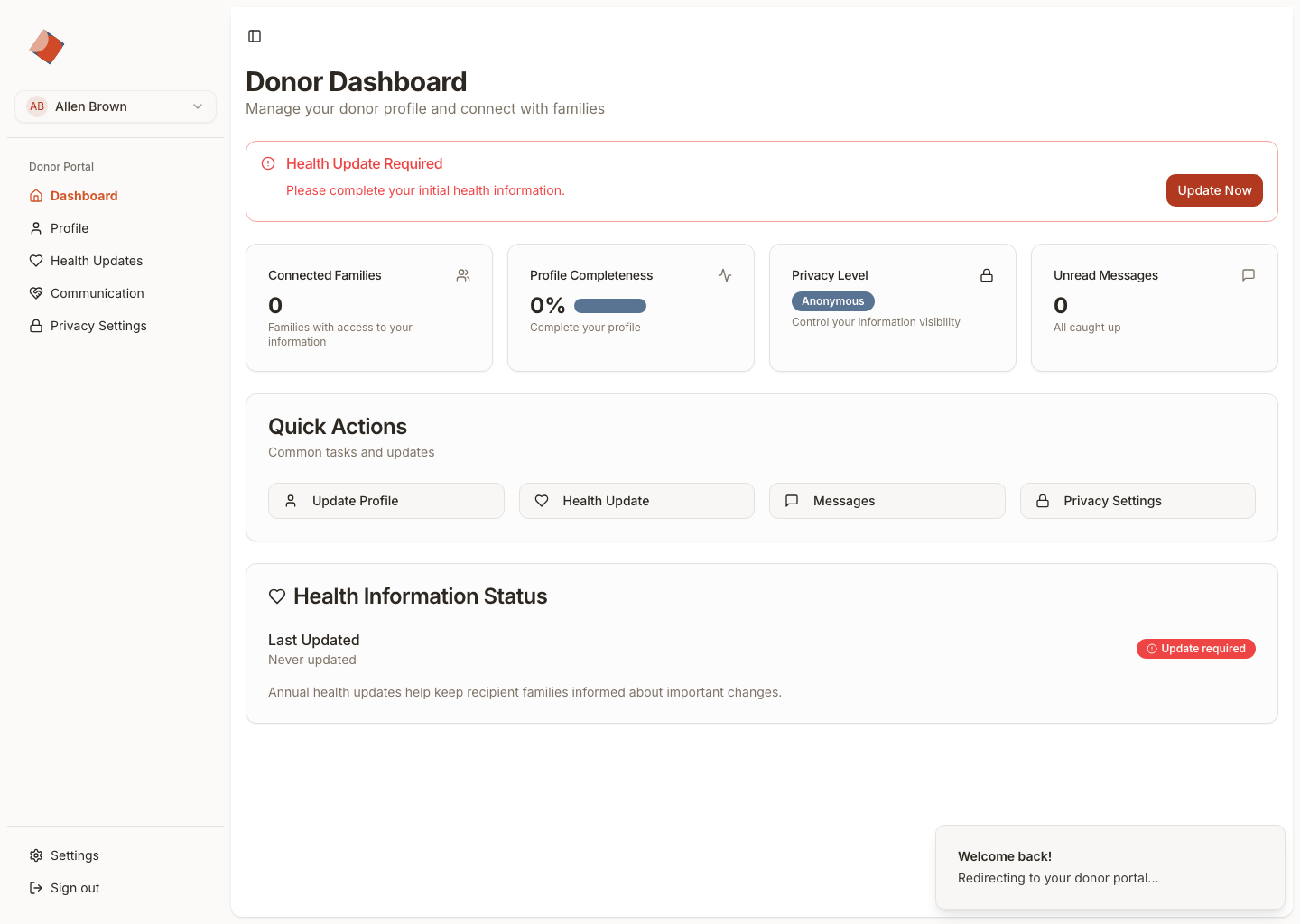 Signed-in donor dashboard showing donor profile completeness, privacy level, and health-update status.