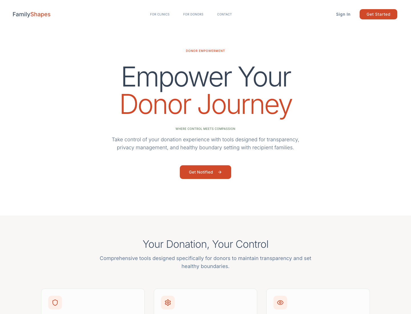 Donor surface focused on privacy, transparency, and control.