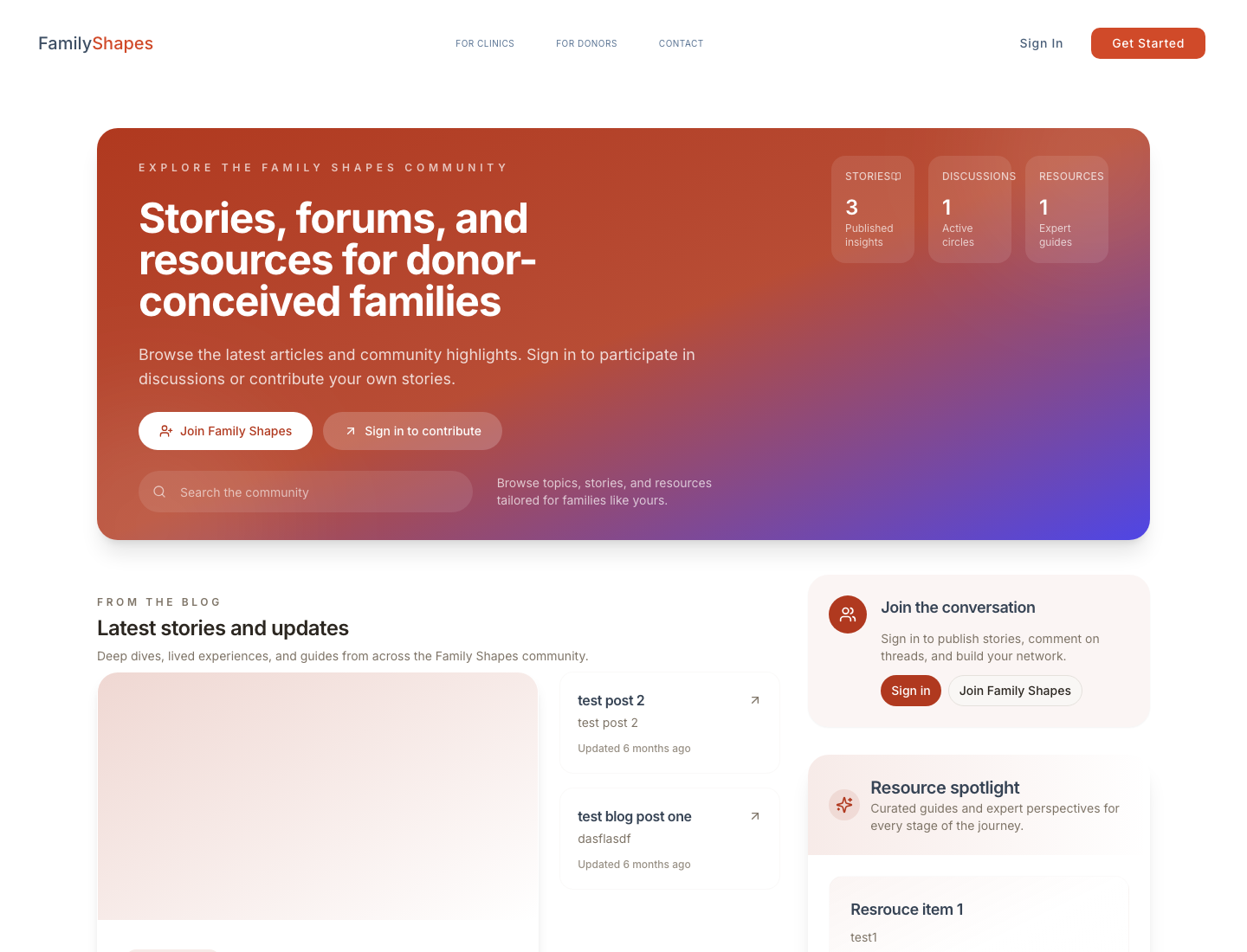 Community surface for stories, forums, and resources.
