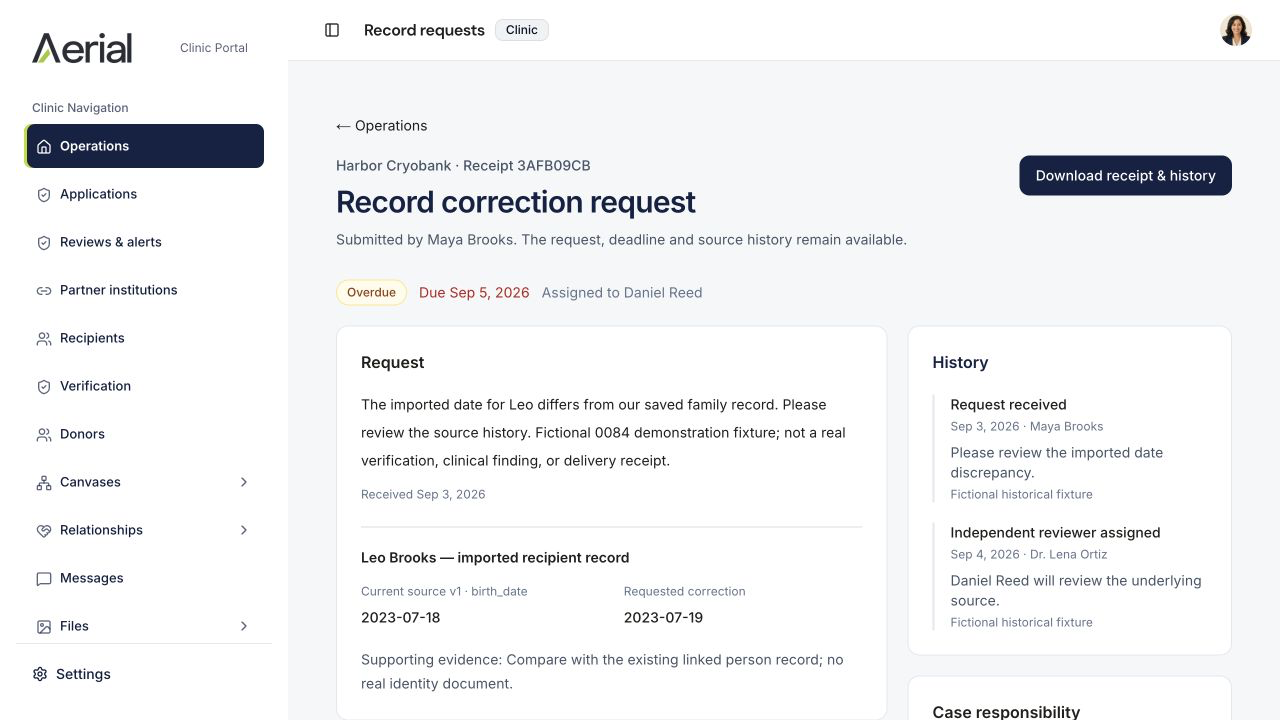 YC synthetic demo — Cryobank correction review: disputed source value, reviewer, and preserved history — Aerial