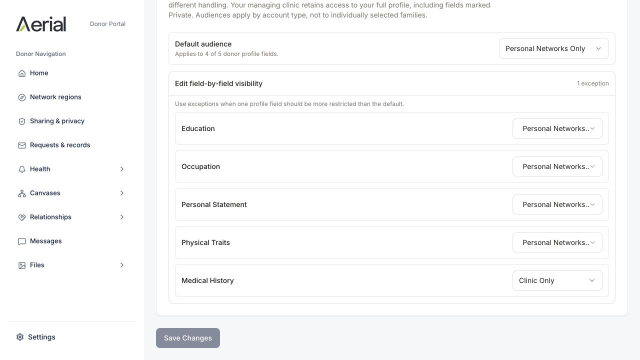 YC synthetic demo — Donor field visibility: general audience and a clinic-only medical-history exception — Aerial