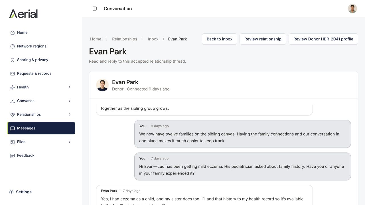 YC synthetic demo — Family–donor messaging: an accepted conversation leads to a shared health update — Aerial