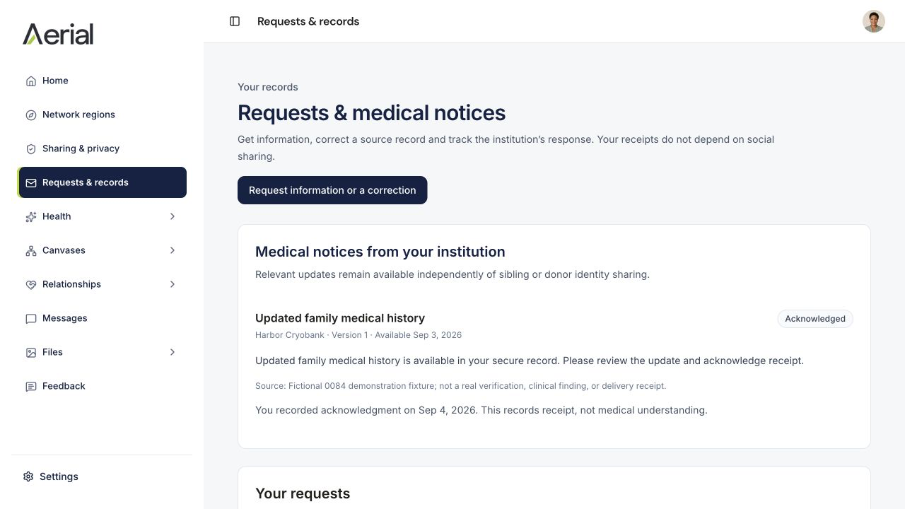 YC synthetic demo — Family medical notice: a saved acknowledgment separate from social sharing — Aerial