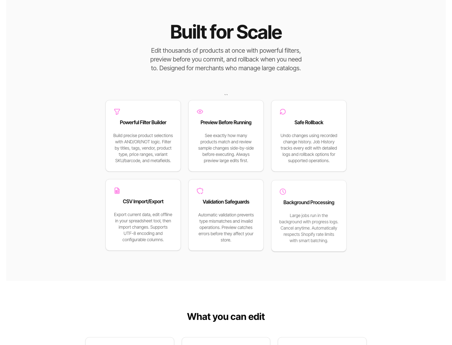 feature section showing filters, preview, logs, CSV, pattern variables, and background jobs.
