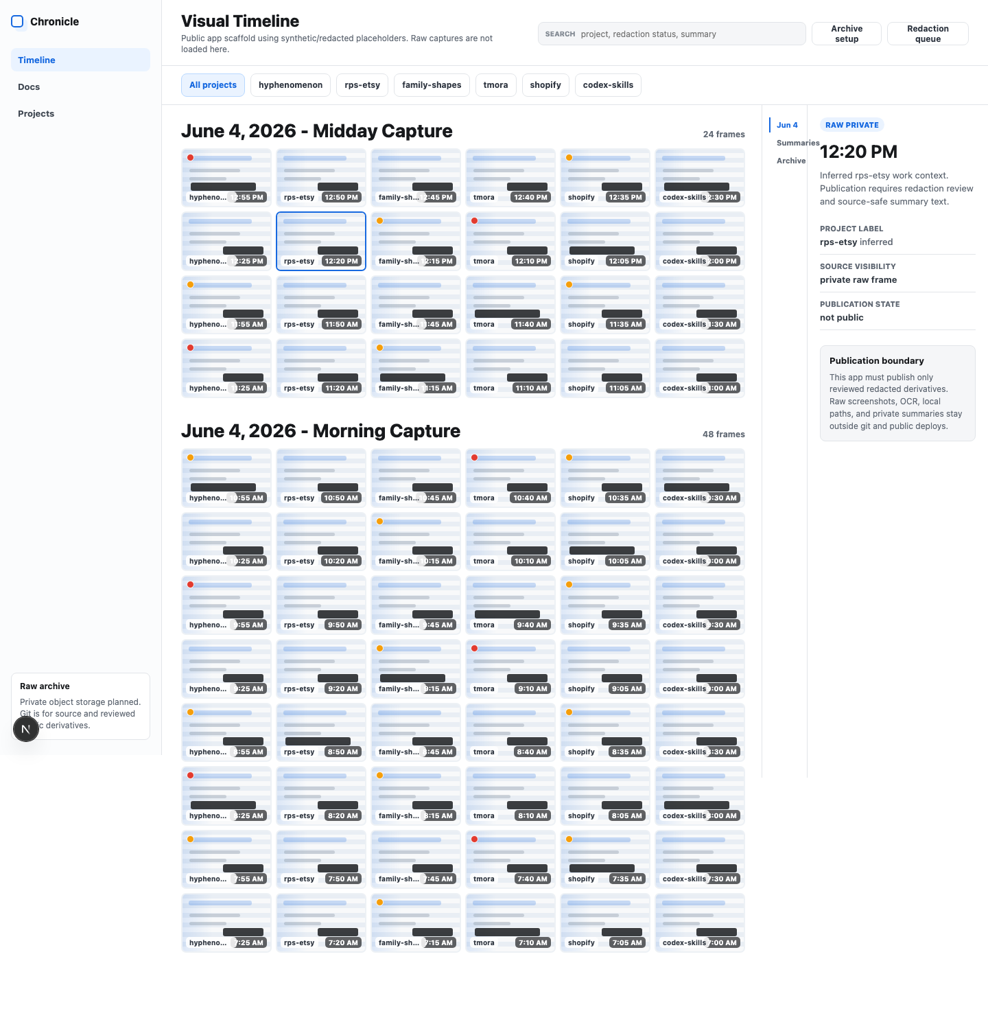 Desktop source-app screenshot of the synthetic/redacted timeline scaffold with project filters, search, date rail, and selected-frame inspector.