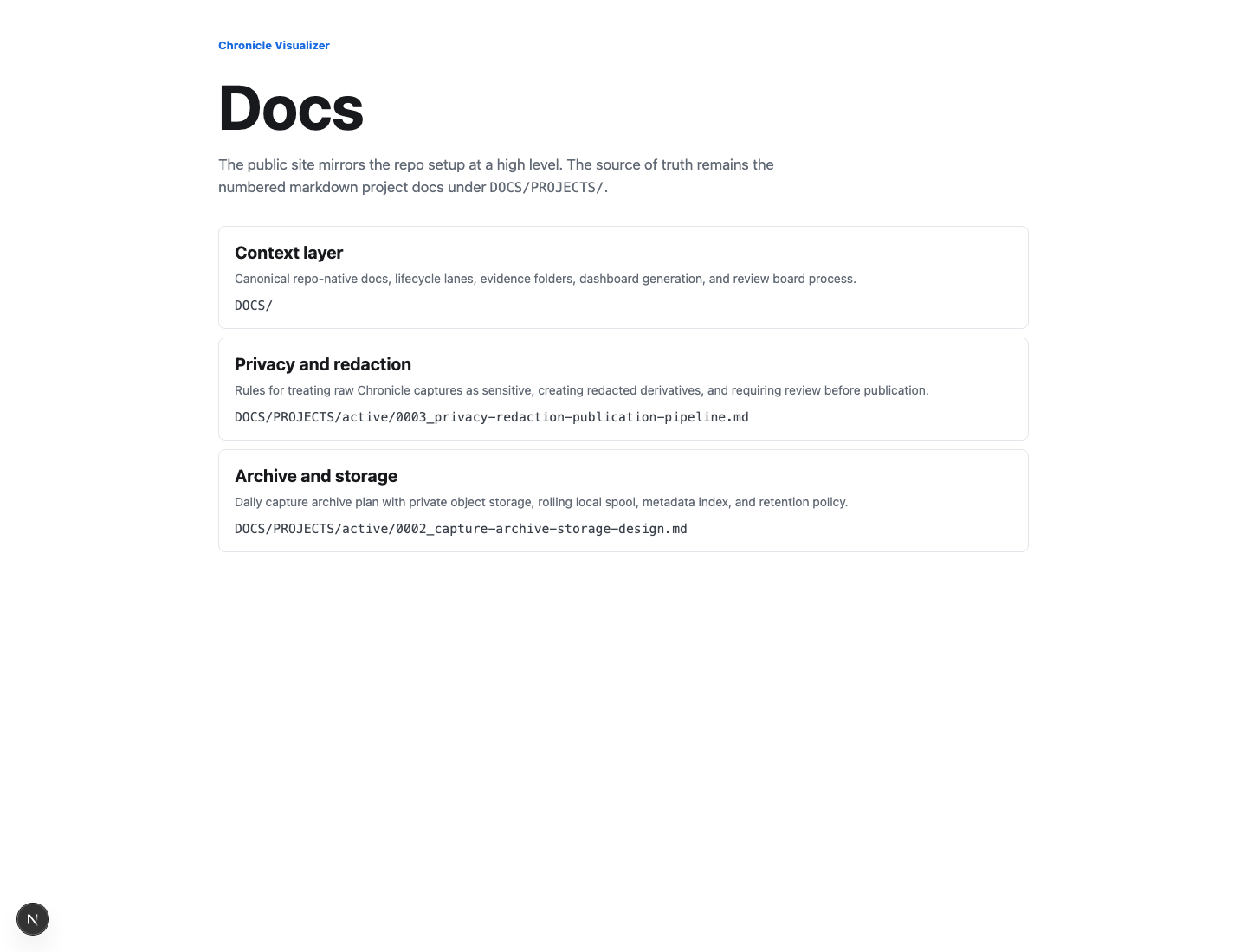 Source-app docs route summarizing the Context Layer, privacy/redaction, and archive/storage docs.