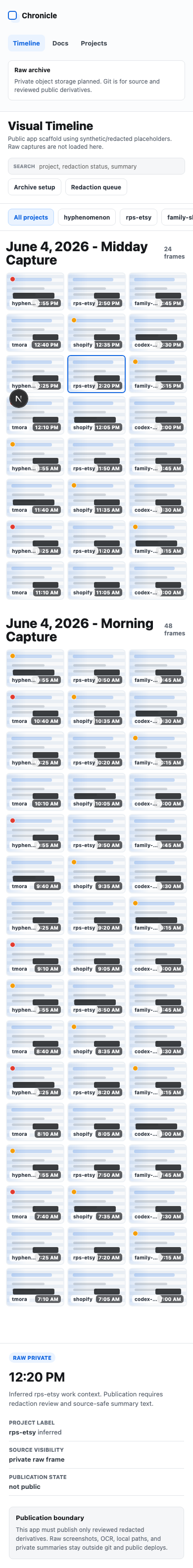 Mobile source-app screenshot of the public timeline scaffold, confirming the synthetic/redacted surface is responsive.