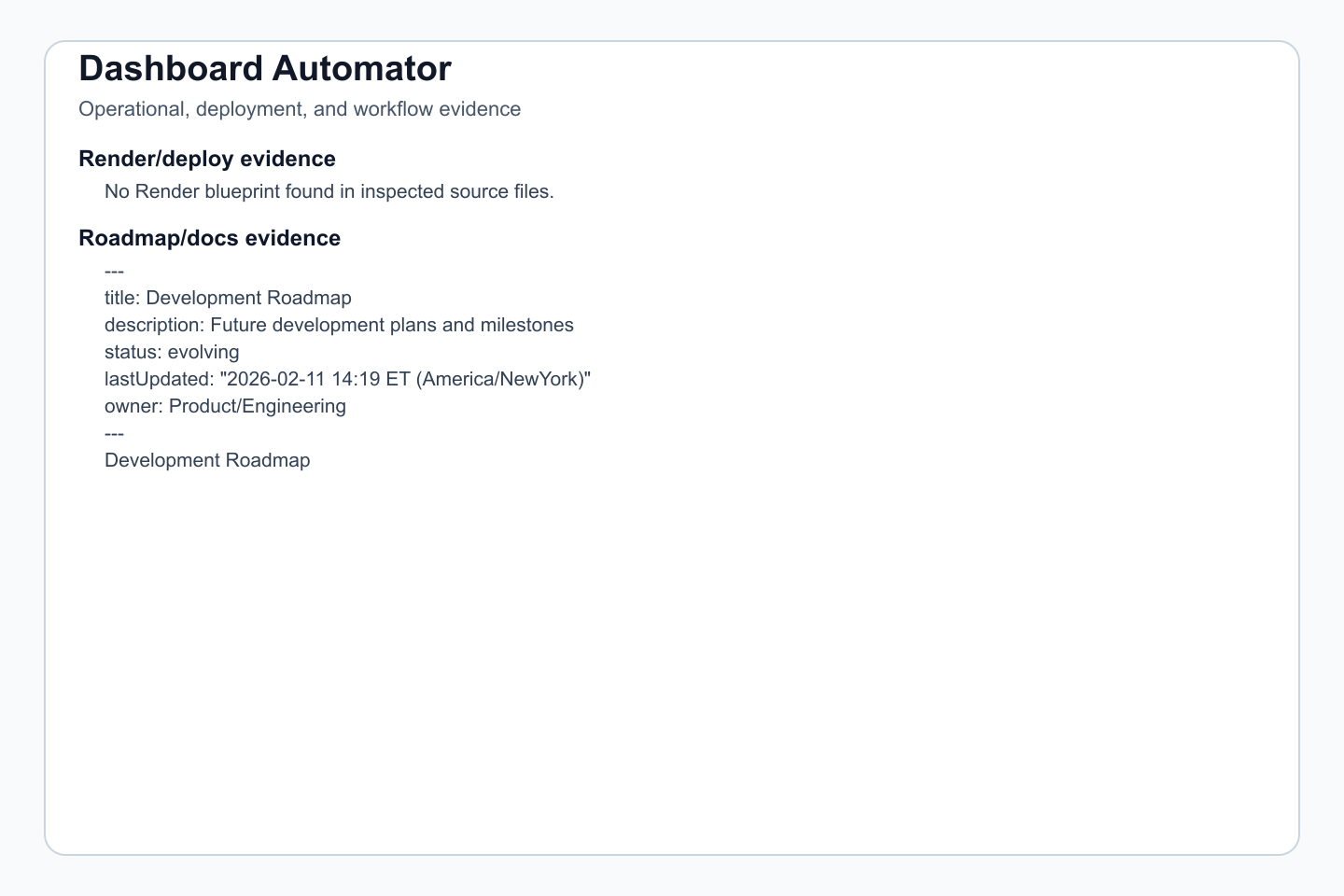 Deployment, docs, automation, or runtime evidence where present.