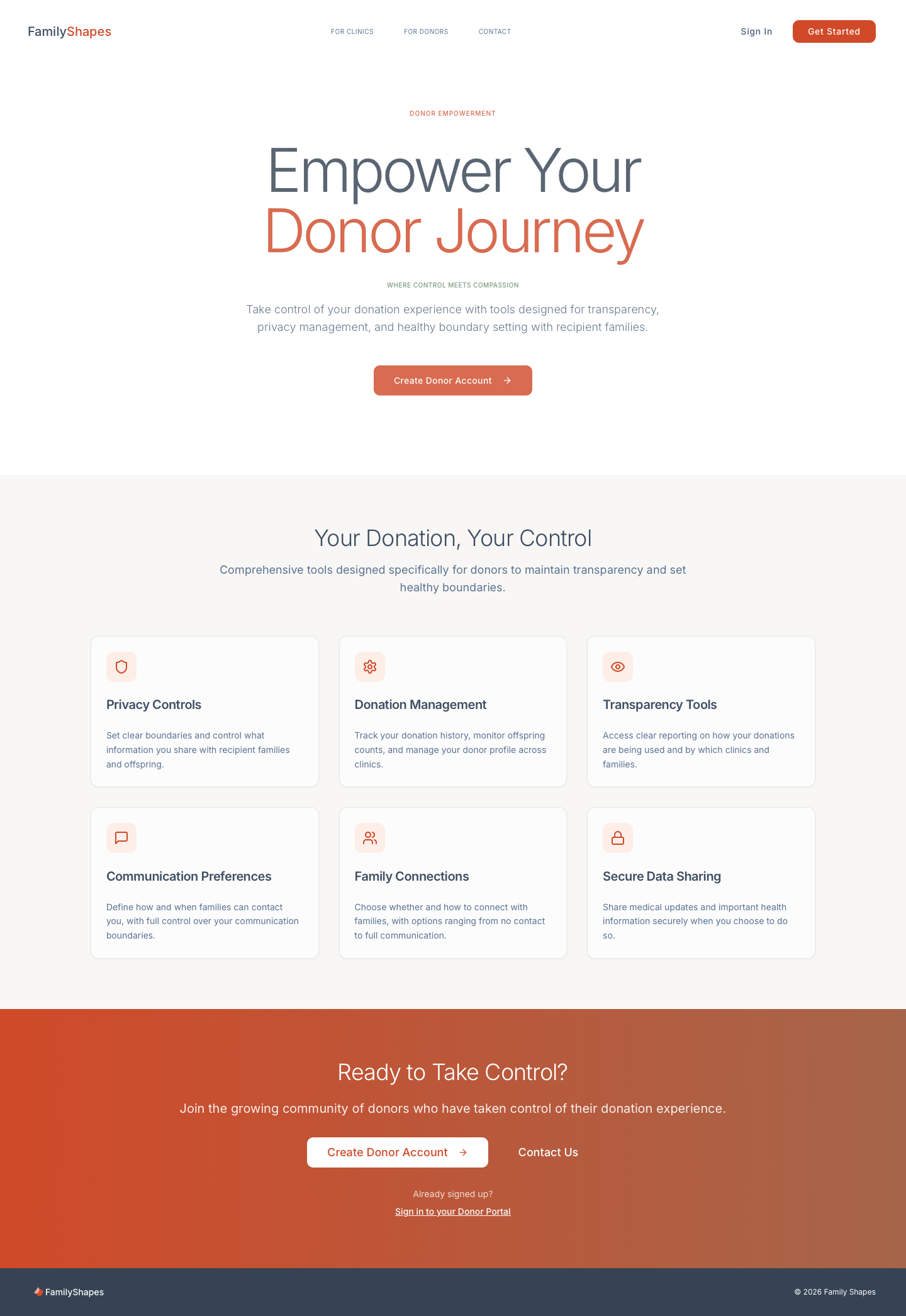 donor-facing portal marketing surface centered on privacy, transparency, and communication controls.
