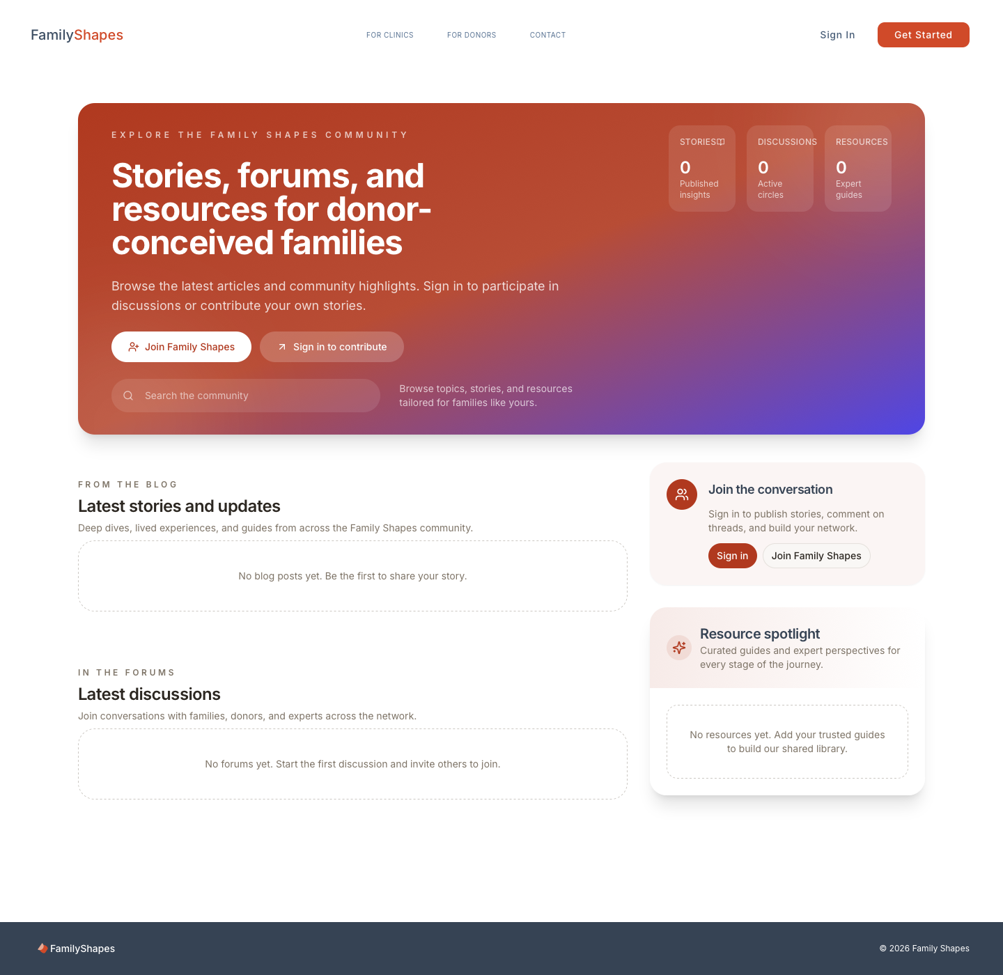 public stories/forums/resources hub that broadens the product beyond account-only tree management.