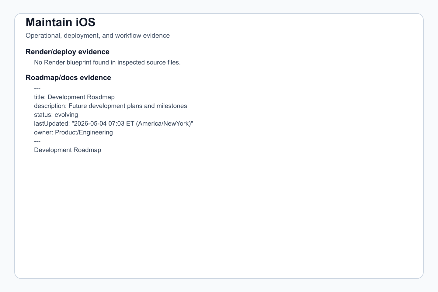 Deployment, docs, automation, or runtime evidence where present.