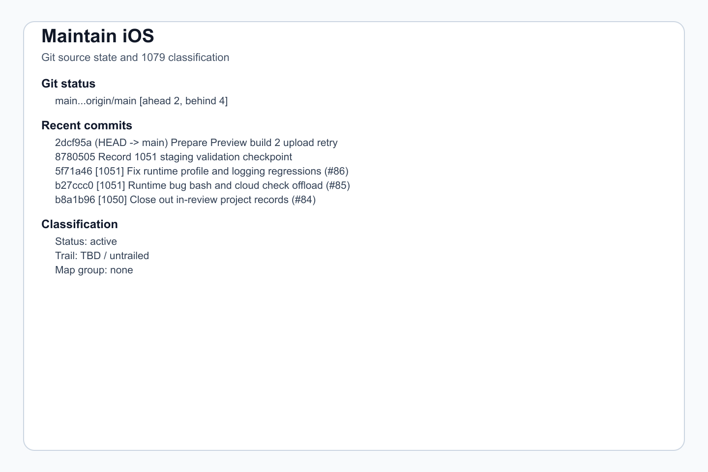 Git/source-state evidence plus 1079 classification.