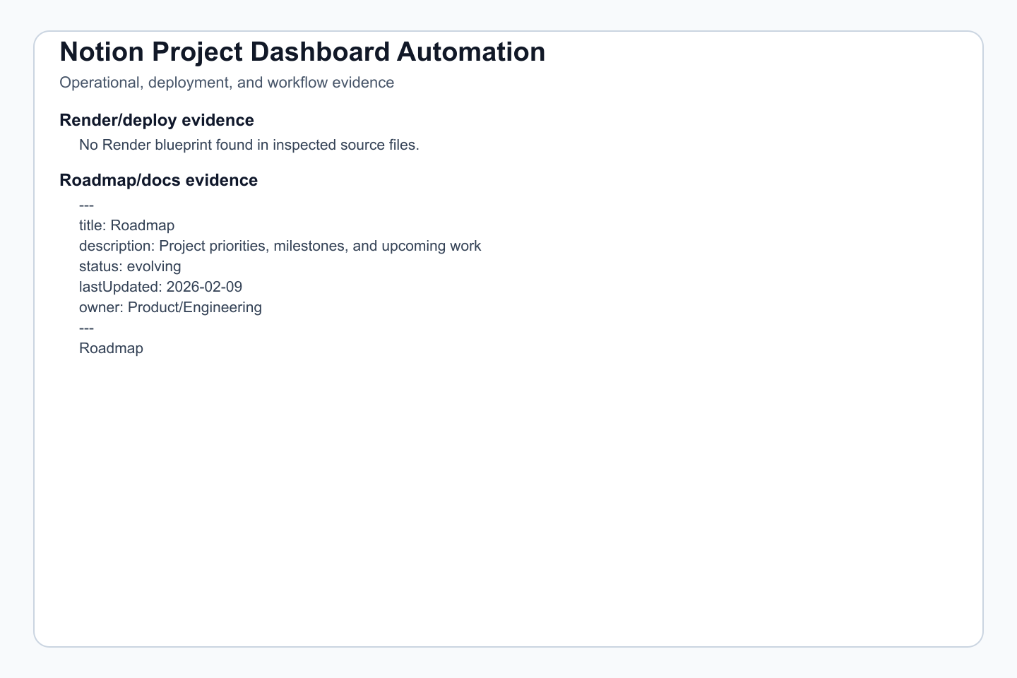 Deployment, docs, automation, or runtime evidence where present.