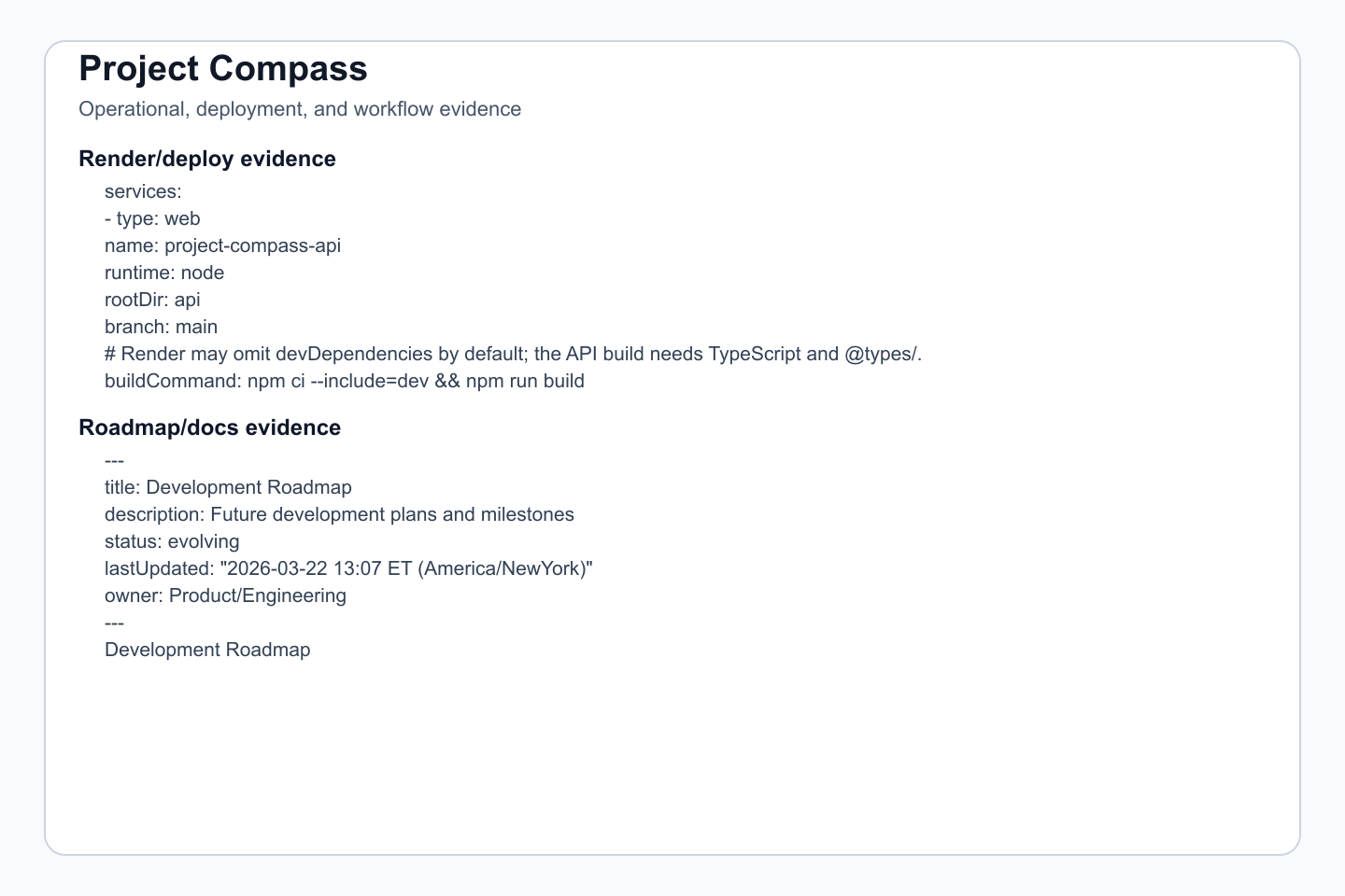 Deployment, docs, automation, or runtime evidence where present.