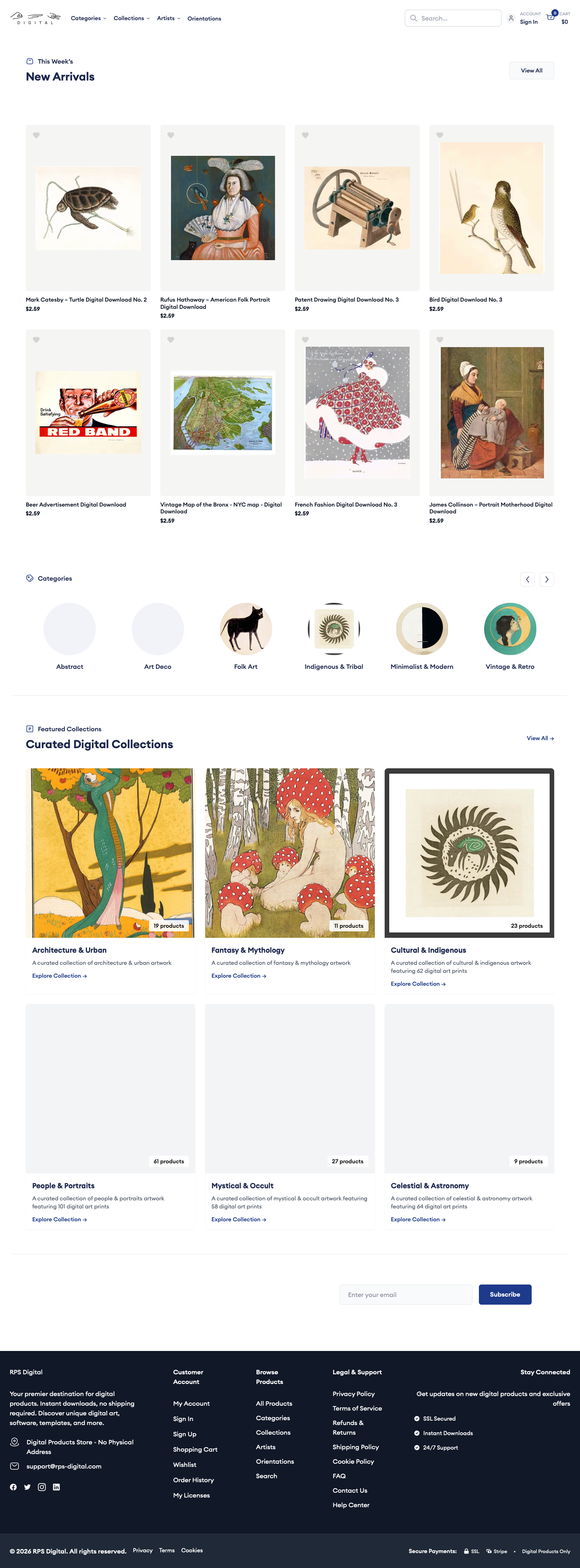 Public storefront homepage showing new arrivals, category navigation, featured collections, and the instant-download positioning.