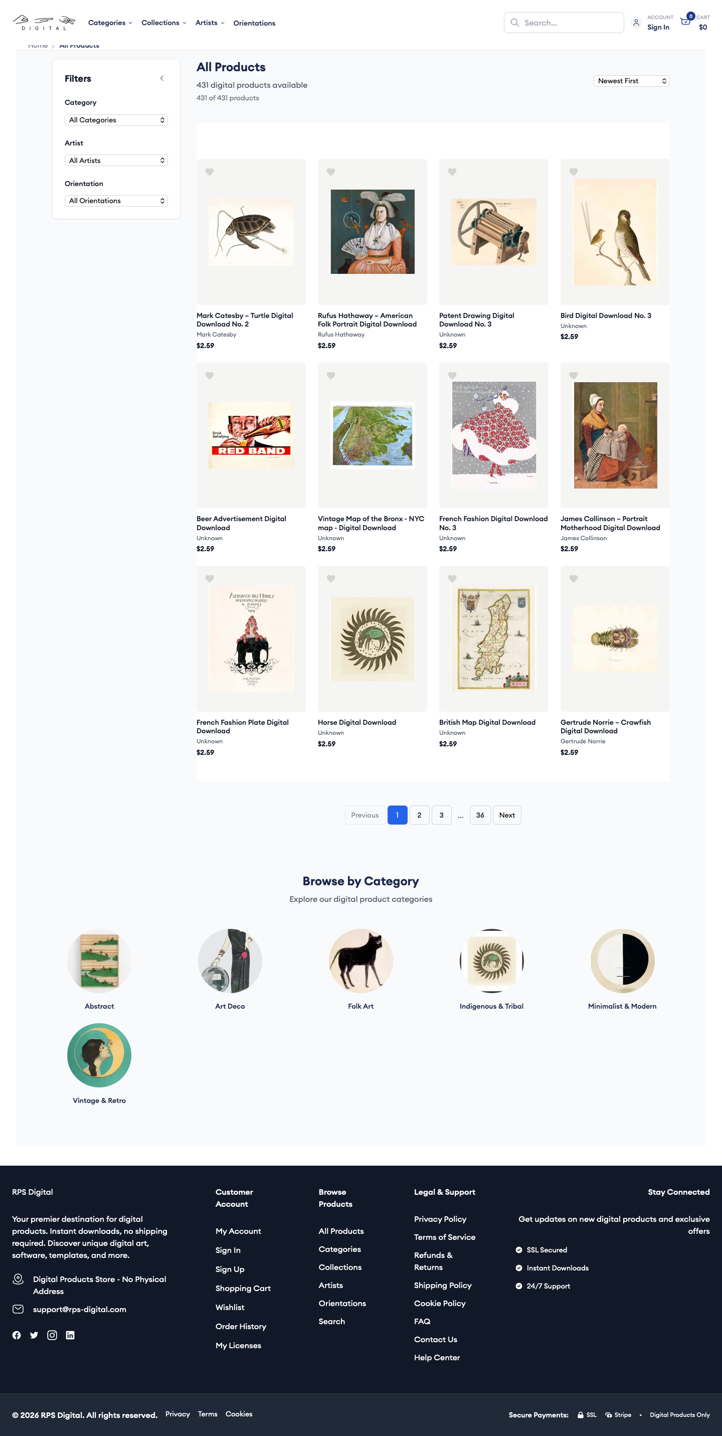 Product catalog view with filter controls and pagination, representing the shopper discovery surface for a large digital-download inventory.