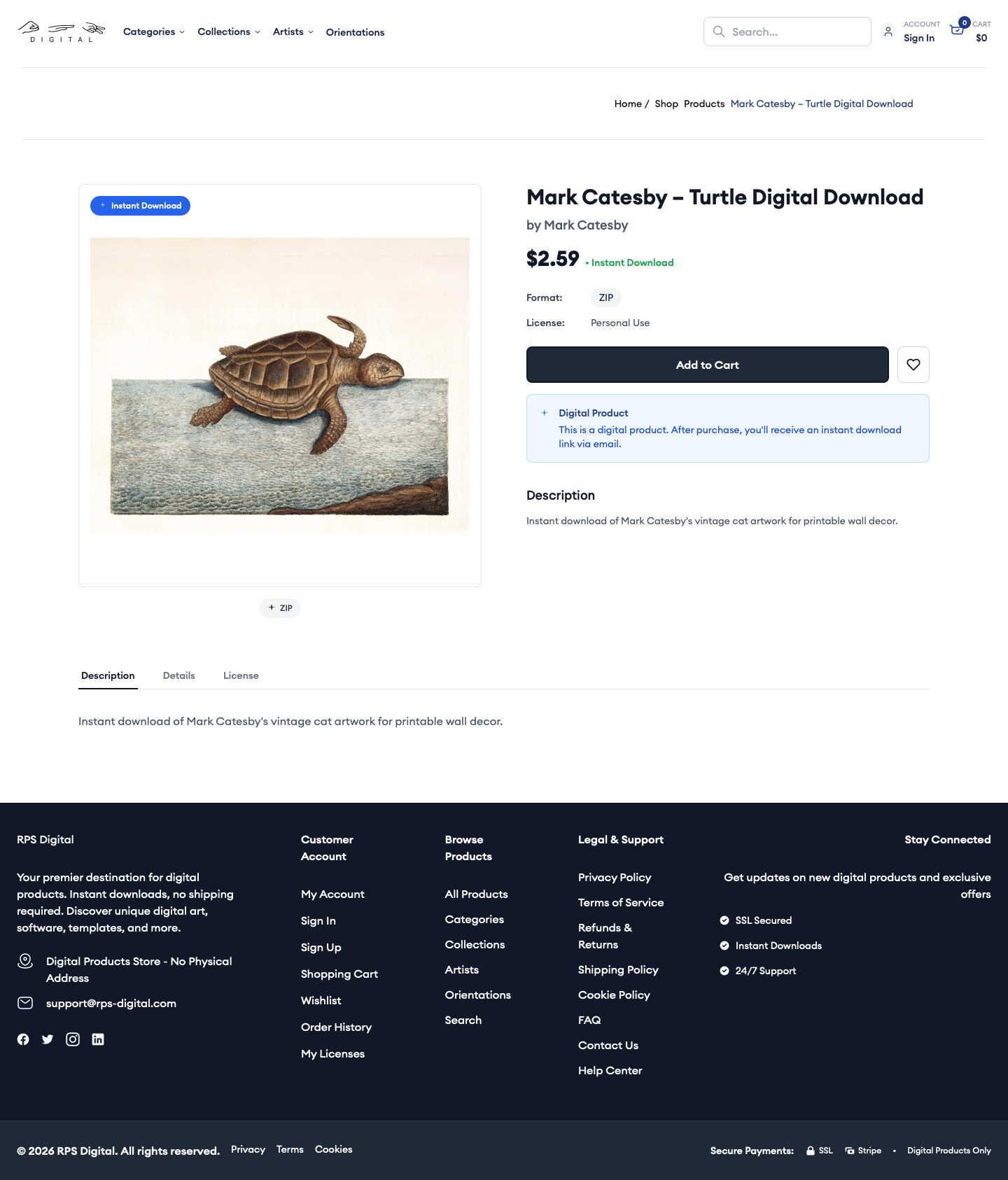 Product detail page showing price, instant-download labeling, license/format context, and add-to-cart flow.