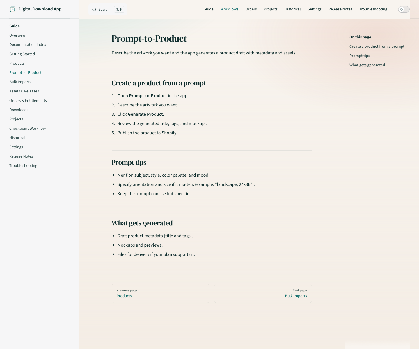 Local docs page for the prompt-to-product merchant workflow, used as evidence for the authenticated generation surface that is not publicly accessible.