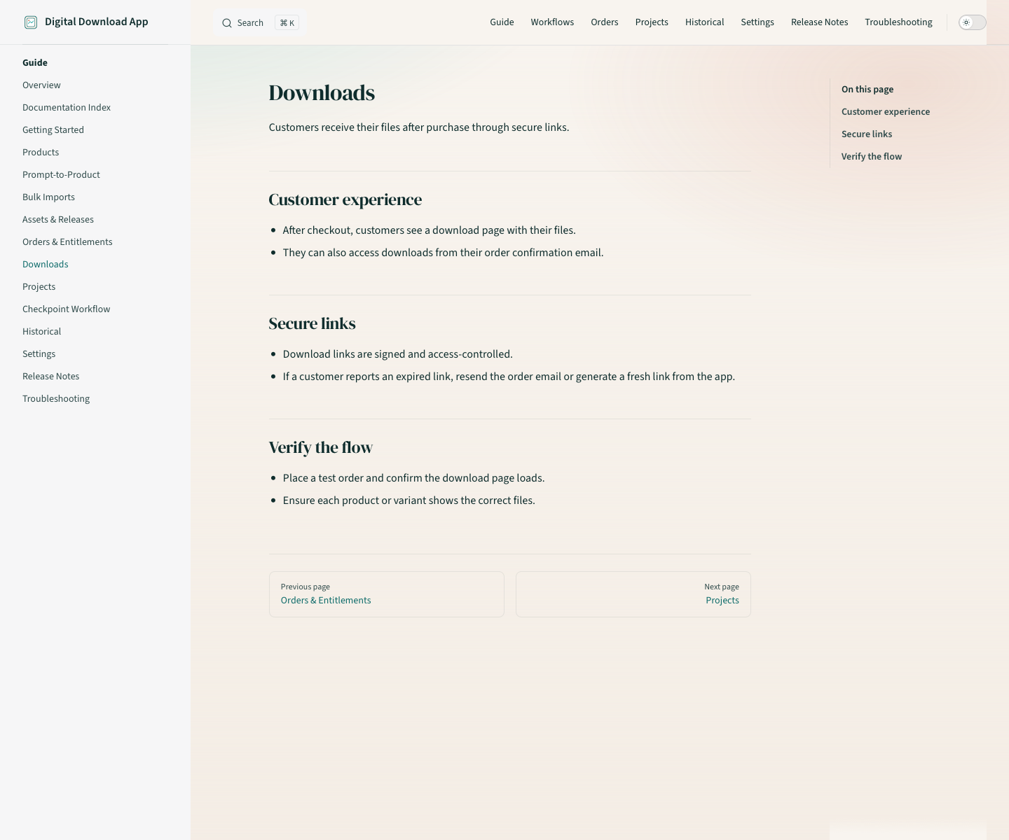 Local docs page describing post-purchase download behavior, signed links, and customer verification steps.