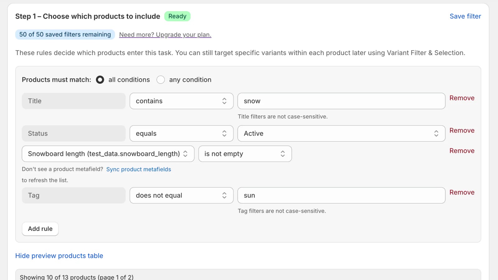 Filter-builder detail with title, status, metafield, and tag criteria plus preview-table controls.