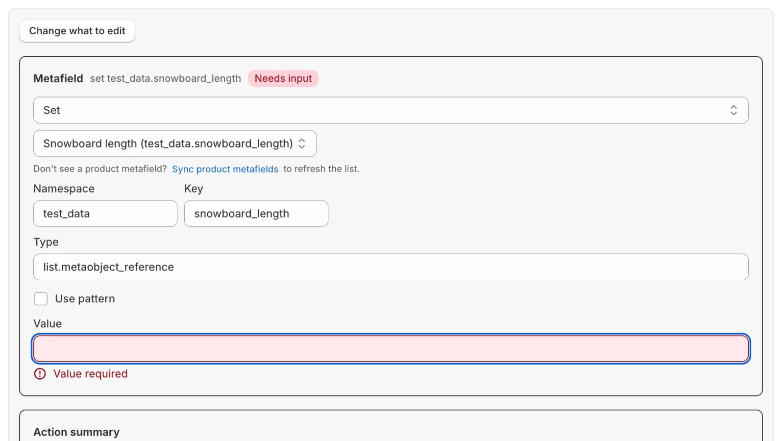 Bulk action configuration for setting a product metafield, including required-value validation before execution.