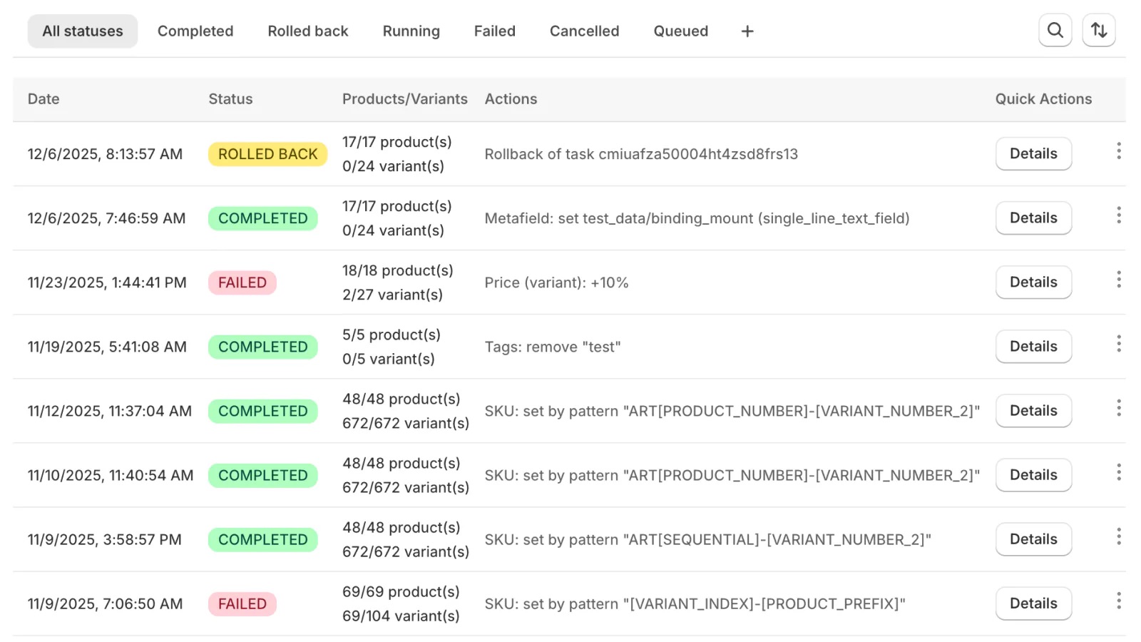 Job History table showing completed, rolled-back, and failed bulk-edit jobs with product/variant counts and quick actions.
