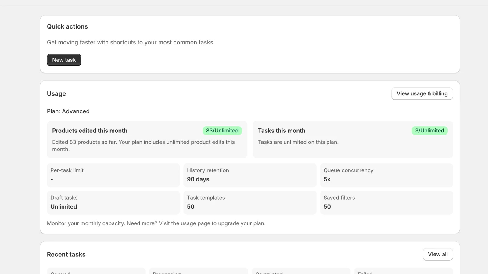 Usage dashboard showing plan capacity, product edits, task limits, retention, concurrency, draft tasks, and saved-filter limits.