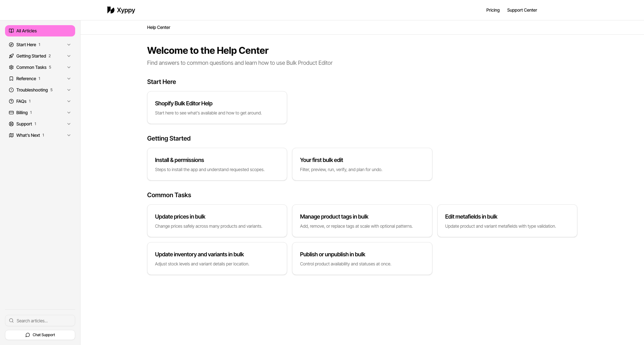 Public xyppy.com help center showing Shopify Bulk Editor support categories, onboarding articles, troubleshooting, search, and chat support entry points.